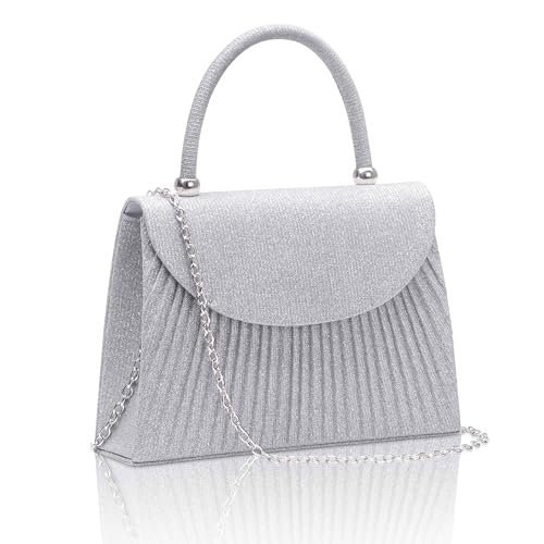Larcenciel Clutch Silber Glitzer Plissiert Damenhandtasche Mit Abnehmbarer