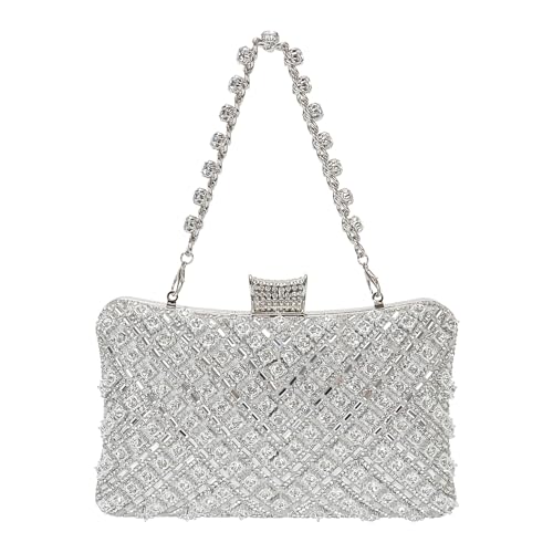 Coaimaney Damen Funkelnde Strass Clutch Mit Kette Silber