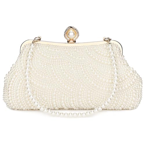 Baigio Perlen Damen Clutch Beige Abendtasche Brauttasche Elegant