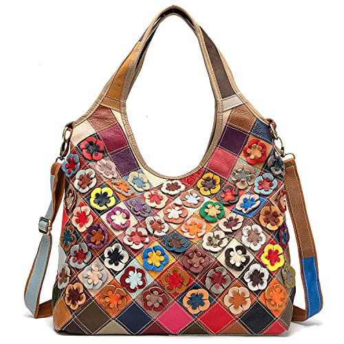 Karoukee Bunte Patchwork Damen Handtasche Stilvolle Echtleder Tote