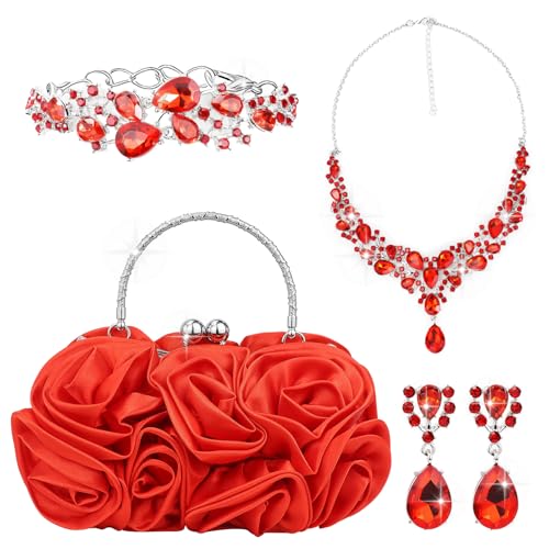 Kaxtde Rote Rose Dekorform Clutch 4 Teiliges Abendtasche